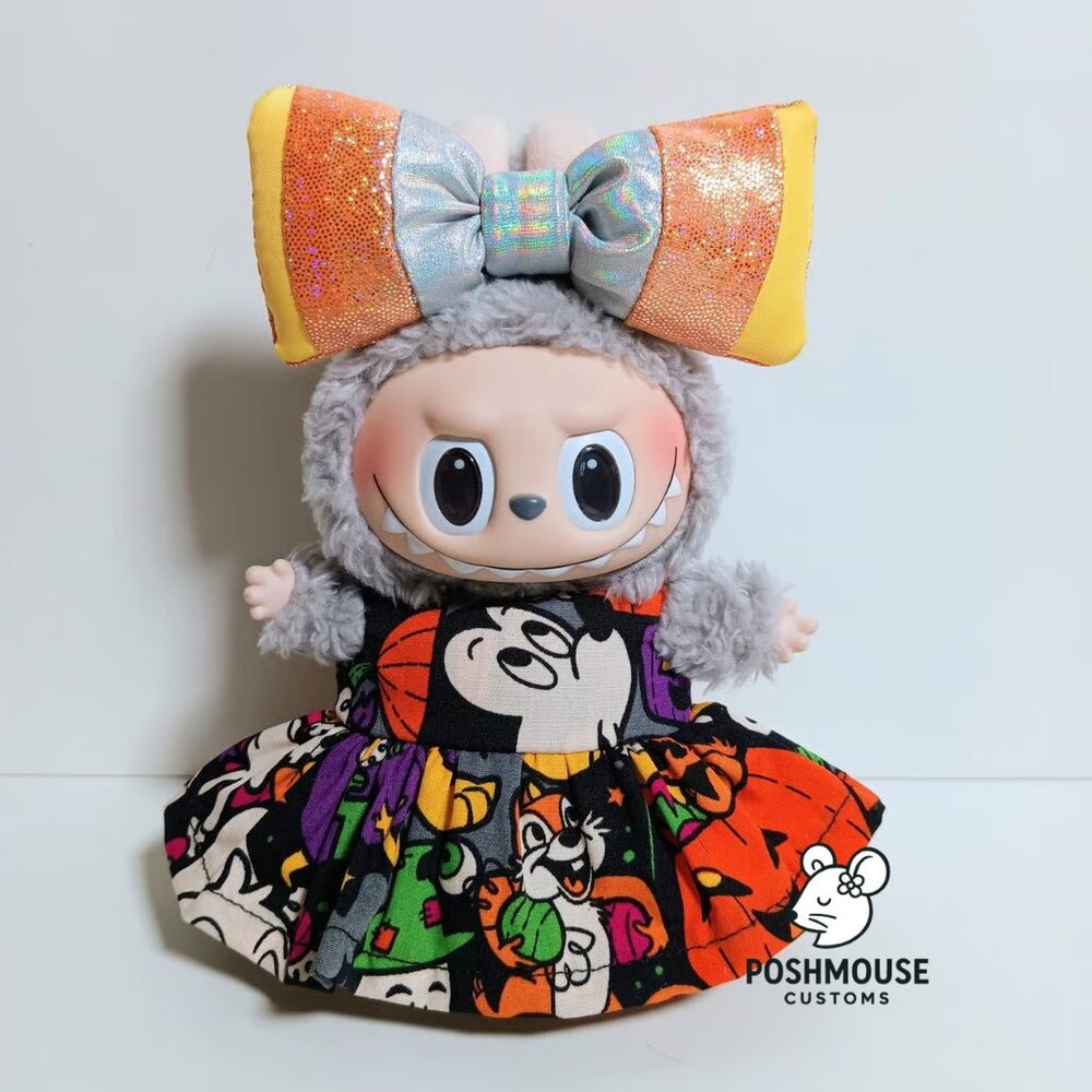 Labubu Mickey Pumpkin Halloween Dress with Metallic Candy Corn Bow Outfit